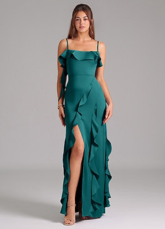 Azazie Malia Bridesmaid Dresses Peacock A-Line Side Slit Stretch Satin Dress image3