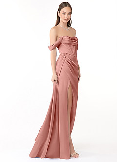 Azazie Amyra Bridesmaid Dresses Rosette Sheath Off the Shoulder Stretch Satin Convertible Dress image4