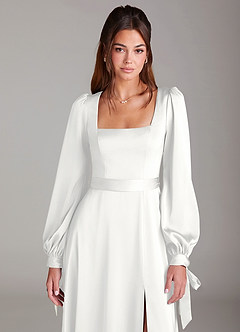 Azazie Leonia Abiti da Damigella Abito A-Line in Raso Elasticizzato Manica Lunga Bianco image6