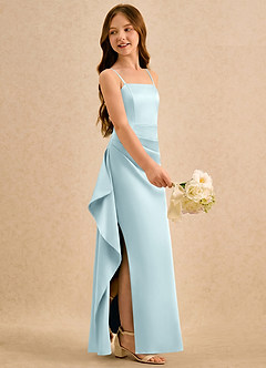 Azazie Cannoli Girls Formal Flower Girl Dresses Cloud Blue A-Line Pleated Stretch Satin Dress image4