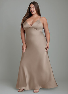 Azazie Stefania Robes de demoiselle d'honneur Robe Trapèze en Satin extensible Taupe image6