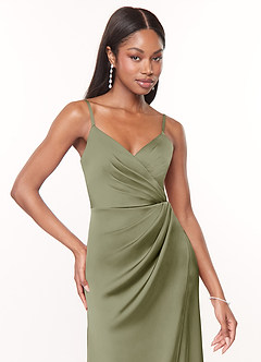 Azazie Maci Bridesmaid Dresses Pistachio A-Line V-Neck Pleated Stretch Satin Dress image5