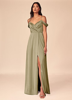 Azazie Ocean Bridesmaid Dresses Moss Green A-Line V-Neck Pleated Stretch Satin Dress image1