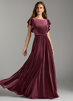 Azazie Daphne Modest Bridesmaid Dresses A-Line Velvet Floor-Length Dress with Belt image1