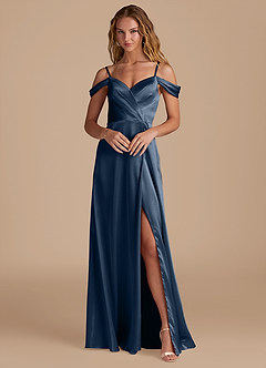 Azazie Ocean At-home Try On Dresses Auburn A-Line Off the Shoulder Metallic Satin Dress image1