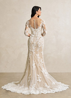 Azazie Neela Wedding Dresses Diamond White Sand Mermaid V-Neck Lace Tulle Dress image5