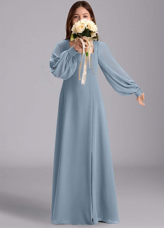 Azazie Bondi Junior Jurk van Chiffon met A-Lijn Blouson Stoffig Blauw image1