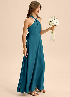 Azazie Beah Junior Vestido de Azul Tinta de Satén Elástico de Corte en A con Plisado image6