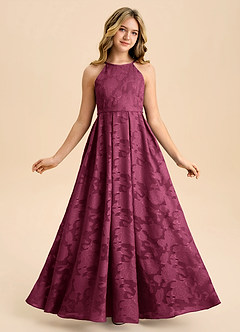 Azazie Arianthe Junior Mulberry A-Line Pleated Floral Burnout Dress image1
