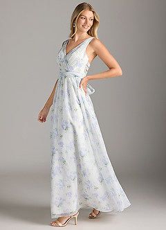 Azazie Kora Bridesmaid Dresses Blue Vintage Floral A-Line Pleated Chiffon Dress image4