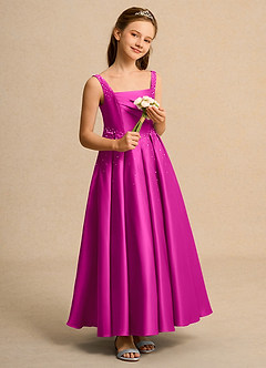 Azazie Mochi Girl Flower Girl Dresses Fuchsia Ball-Gown Pleated Matte Satin Dress image4
