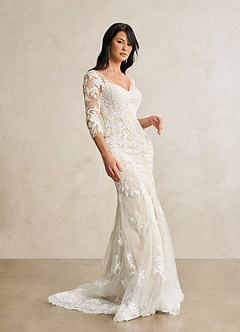 Azazie Neela Hochzeitskleider Meerjungfrau-Linie V-Hals Spitze Tüll Kleid Diamantweiß Champagner image3