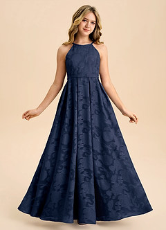 Azazie Arianthe Junior Dark Navy A-Line Pleated Floral Burnout Dress image5