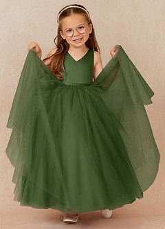 Azazie Marybell Flower Girl Dresses Olive A-Line Bow Tulle Dress image3