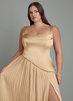 Azazie Stephanie Robes de demoiselle d'honneur Robe Trapèze en Satin extensible Plissé Champagne image9