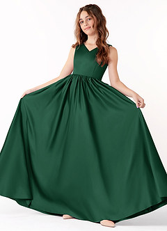 Azazie Hathaway Junior Dark Green A-Line Bow Stretch Satin Dress image2