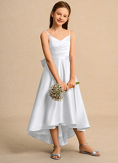 Azazie Sweets Girl vestidos de niña de las flores Vestido de Blanco de Satin Mate de Corte En A con Plisado image5