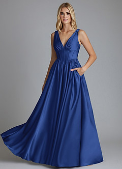 Azazie Delmie Abiti da Damigella Abito A-Line in Raso Elasticizzato Corsetto Blu Reale image6