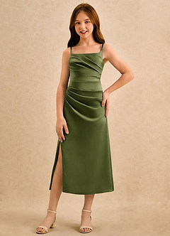 Azazie Canna Girls Formal Abiti da Ragazza di Fiori Abito A-Line in Raso Elasticizzato Plissettato Oliva image4