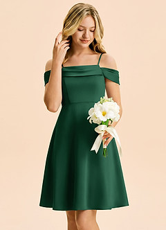 Azazie Anselie Junior Robe Trapèze en Satin extensible Épaules dénudées Vert Foncé image4