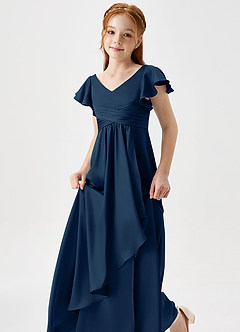 Azazie Omari Junior Dark Navy A-Line Pleated Stretch Satin Dress image6