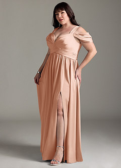 Azazie Lianne Bridesmaid Dresses Rose Gold A-Line Off the Shoulder Stretch Satin Dress image13