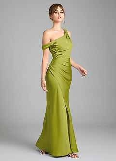 Azazie Madelyn Bridesmaid Dresses Lemongrass Mermaid One Shoulder Stretch Satin Convertible Dress image5