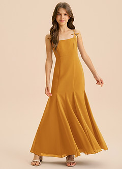 Azazie Evey Junior Abito Sirena in Chiffon Plissettato Caramello image3