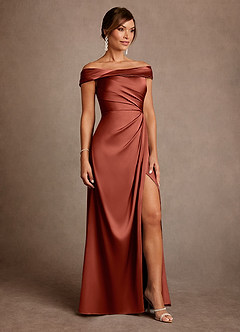 Azazie Bedford Mother of the Bride Dresses Terracotta Sheath Pleated Stretch Satin Dress image4