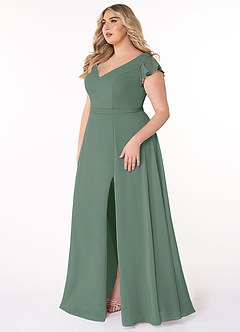 Azazie Claudine Bridesmaid Dresses Eucalyptus A-Line Flutter Sleeve Chiffon Dress image9