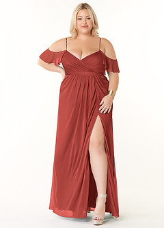 Azazie Fiena Final Sale Terracotta A-Line V-neck Ruched Mesh Dress image7