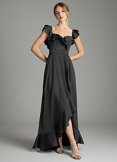 Azazie Lyra Bridesmaid Dresses Black A-Line Off the Shoulder Stretch Satin Convertible Dress image3