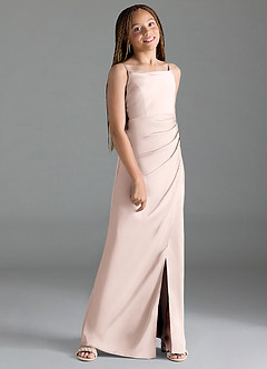 Azazie Leonis Junior Blushing Pink A-Line Pleated Stretch Satin Dress image3