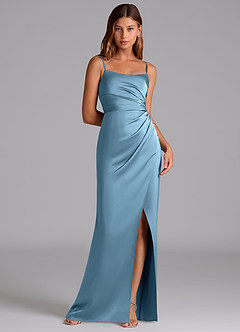 Azazie Calandra Bridesmaid Dresses Steel Blue A-Line Pleated Stretch Satin Dress image1