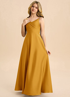 Azazie Bug Junior Butterscotch A-Line Pleated Stretch Satin Dress image3