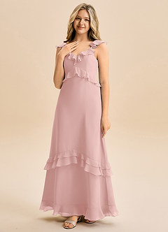 Azazie Tavie Junior Powder Pink A-Line Ruched Chiffon Dress image3