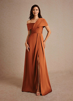 Azazie Milton Mother of the Bride Dresses Cinnamon A-Line Pleated Stretch Satin Dress image5