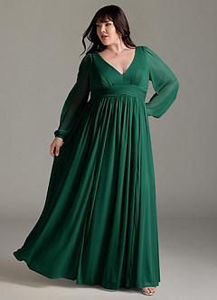 Azazie Norah Bridesmaid Dresses Emerald A-Line V-Neck Long Sleeve Chiffon Dress image8