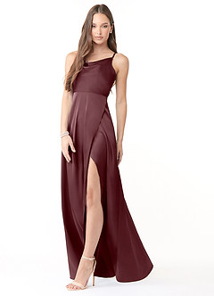 Azazie Naomie Final Sale Sangria A-Line Cowl Neckline Side Slit Stretch Satin Dress image4
