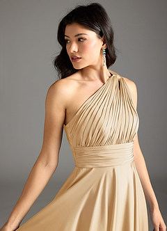 Azazie Charlize Bridesmaid Dresses Gold A-Line One Shoulder Stretch Satin Dress image15