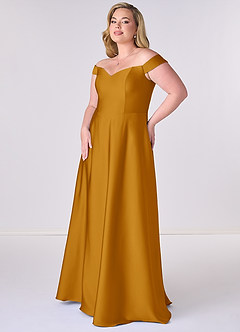 Barbie ♥ Azazie Robes de demoiselle d'honneur Robe Trapèze Convertible en Satin extensible Épaule décolletée Caramel écossais image9