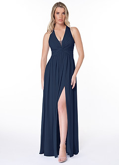 Azazie Jaclyn Bridesmaid Dresses Dark Navy A-Line Pleated Chiffon Dress image1