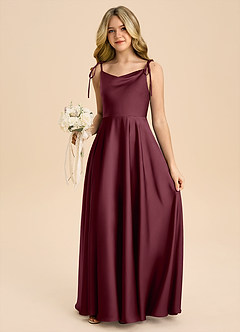 Azazie Popsy Junior A라인 절하다 스트레치 새틴 플로어 길이 주니어 신부 들러리 드레스 image5