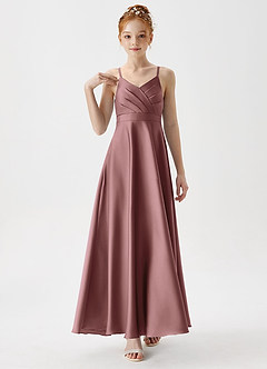 Azazie Avelina Junior Vintage Mauve A-Line Pleated Stretch Satin Dress image4