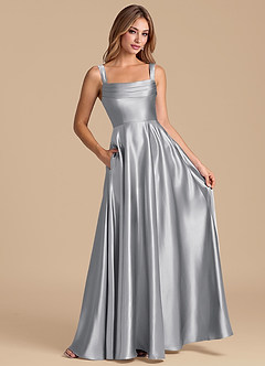 Azazie Shaude 신부 들러리 드레스 A라인 주름진 메탈릭 새틴 바닥 길이 드레스 image3