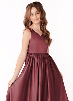 Azazie Hathaway Junior Merlot A-Line Bow Stretch Satin Dress image5