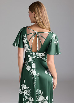 Azazie Lani Bridesmaid Dresses Green Botanicals A-Line Flounce Sleeve Stretch Satin Dress image7