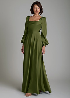 Azazie Solana Robes de demoiselle d'honneur Robe Trapèze en Satin extensible Manches longues Olive Vif image6