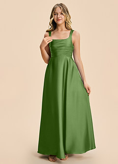 Azazie Azaria Junior Basil A-Line Pleated Stretch Satin Dress image6