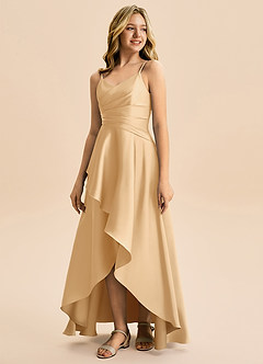 Azazie Eirlys Junior Vestido Ouro de Cetim elástico de Linha A com Plissado image5